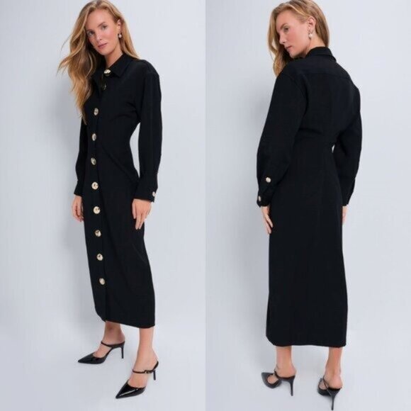 Tuckernuck NEW Black Petra Long Sleeve Gold Hammered Button Midi Dress Size L - Picture 2 of 11